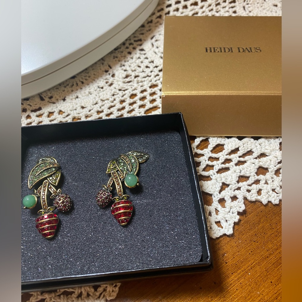 Heidi Daus clip on earrings multi colored crystals bronze backing strawberries